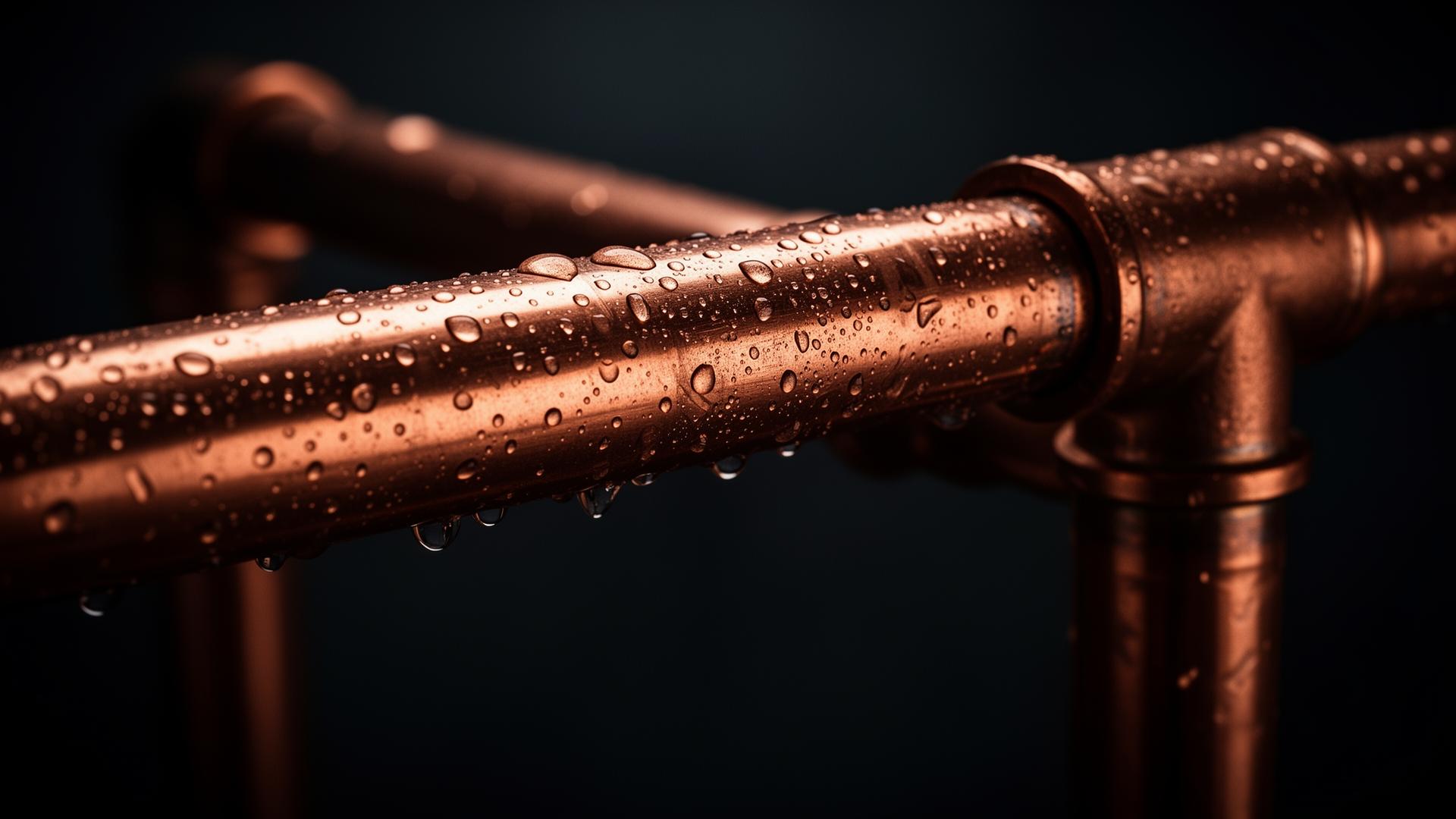 Copper plumbing pipes with water droplets