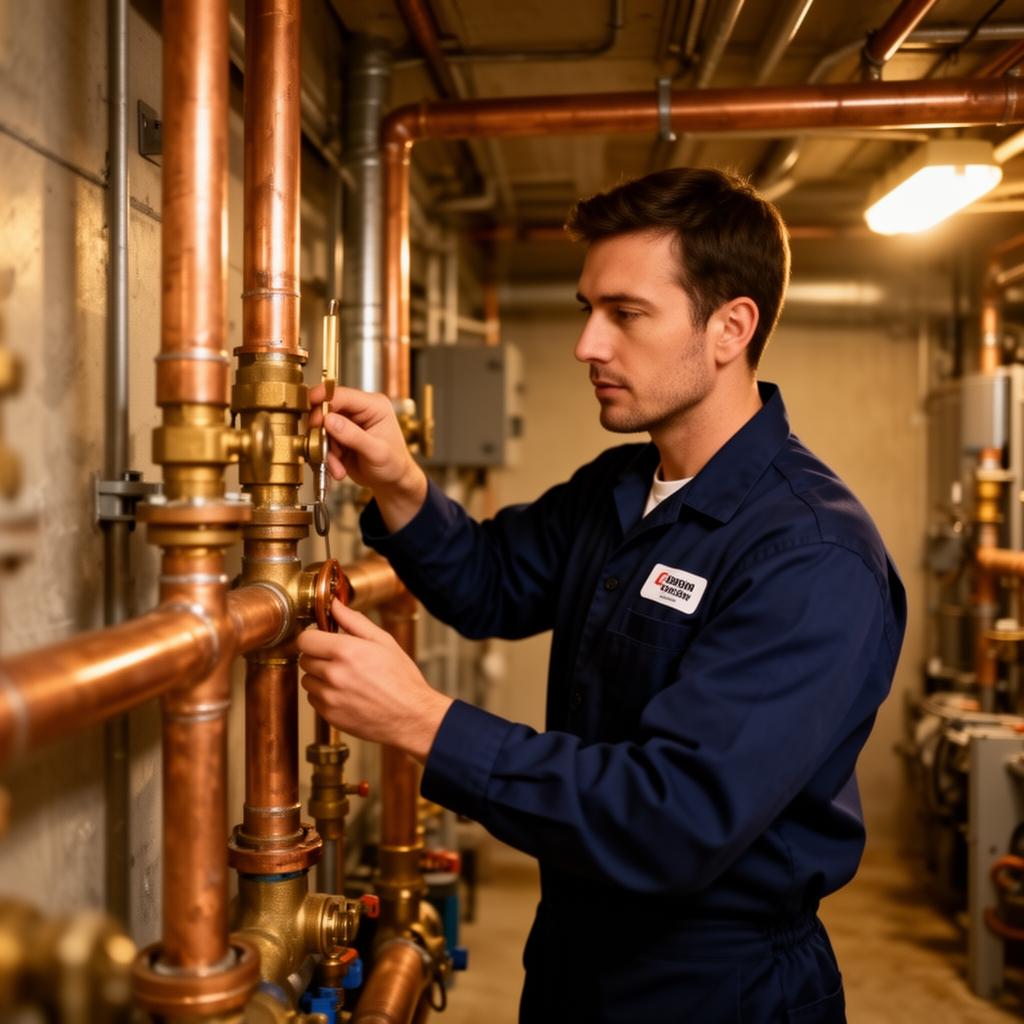 Plumber inspecting copper pipes