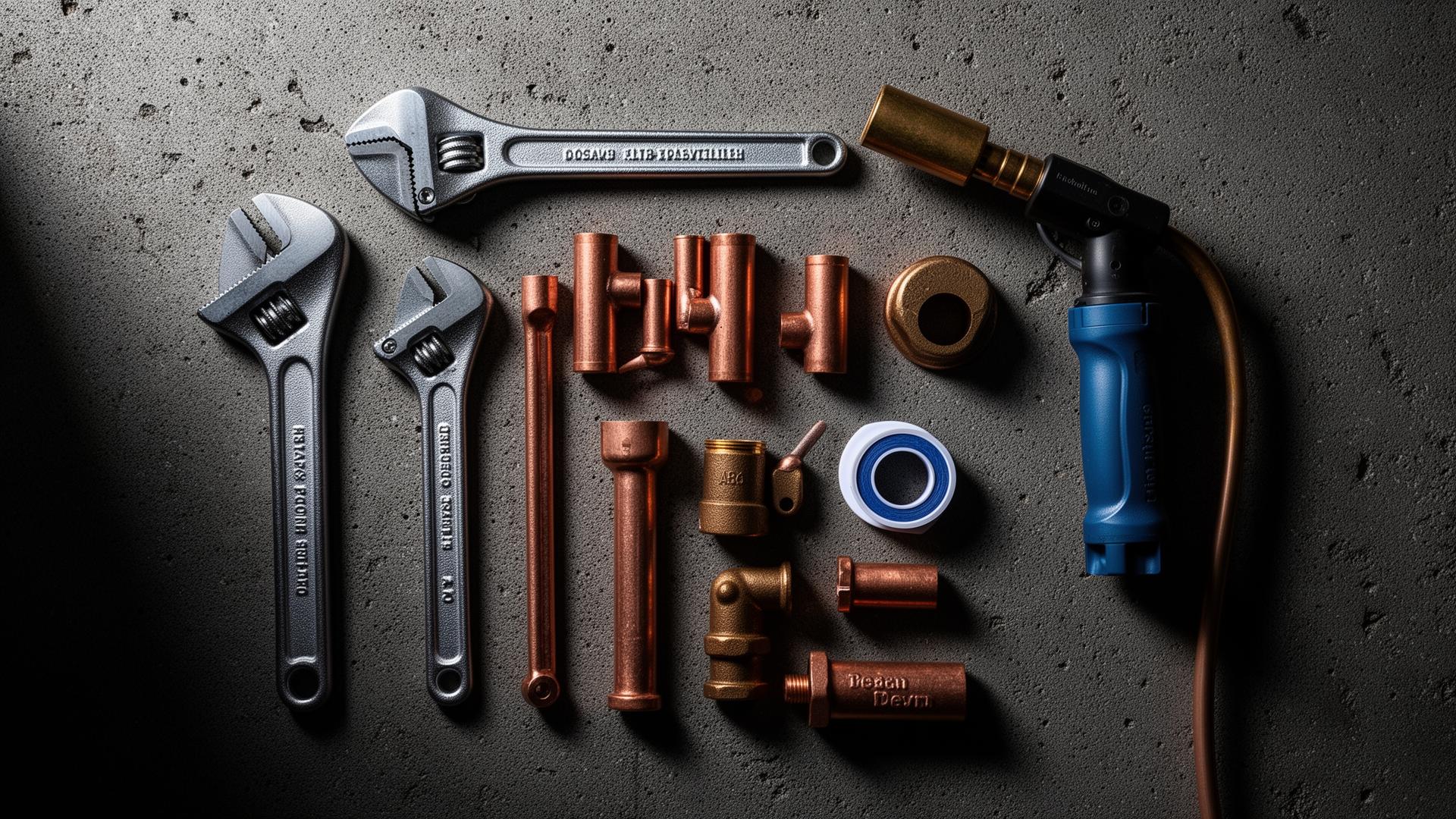 Plumbing tools arranged on a concrete surface